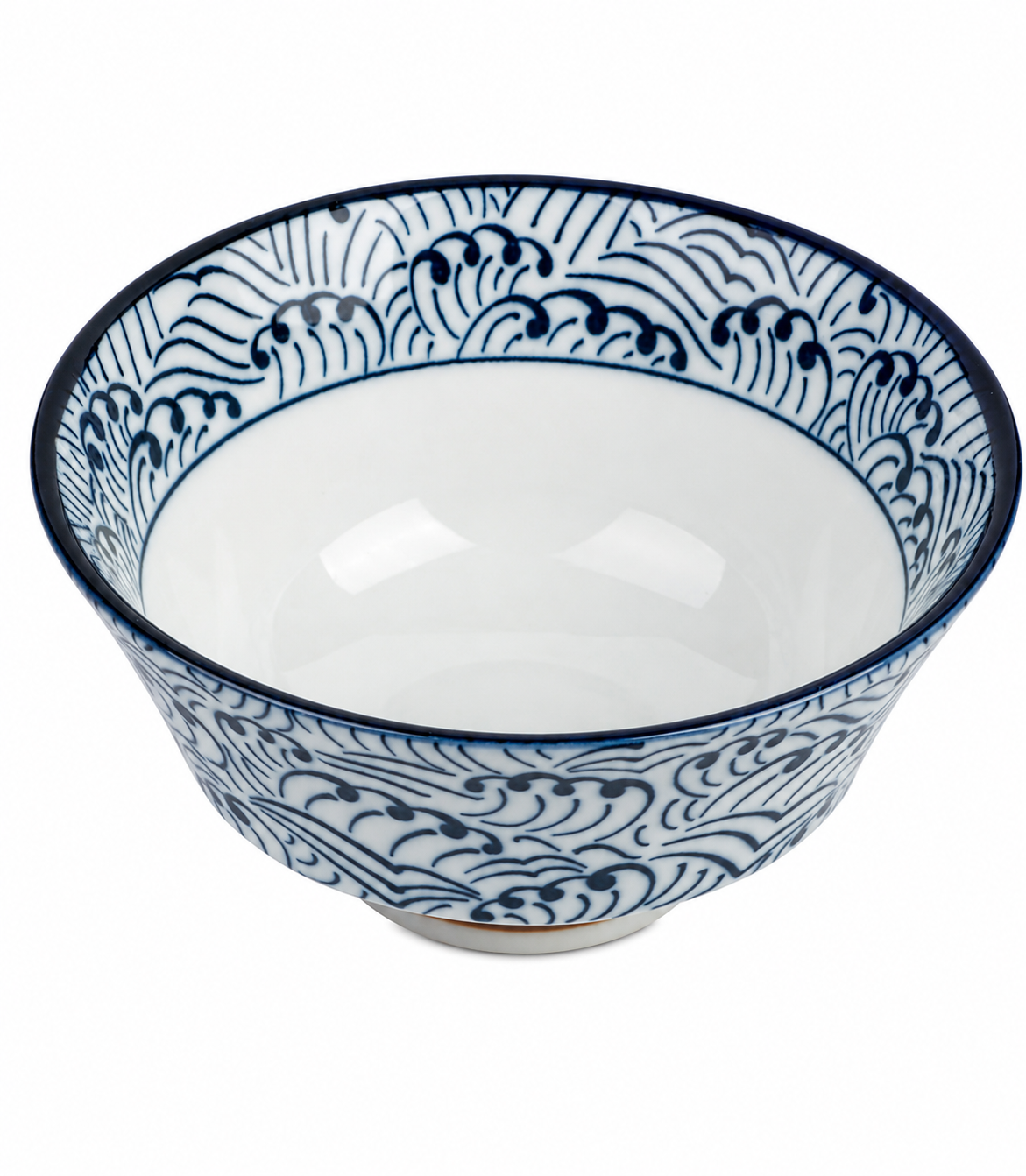 Hamon Blue Wave Japanese Rice Bowl – top view showing white interior with navy blue wave pattern border, made in Japan
