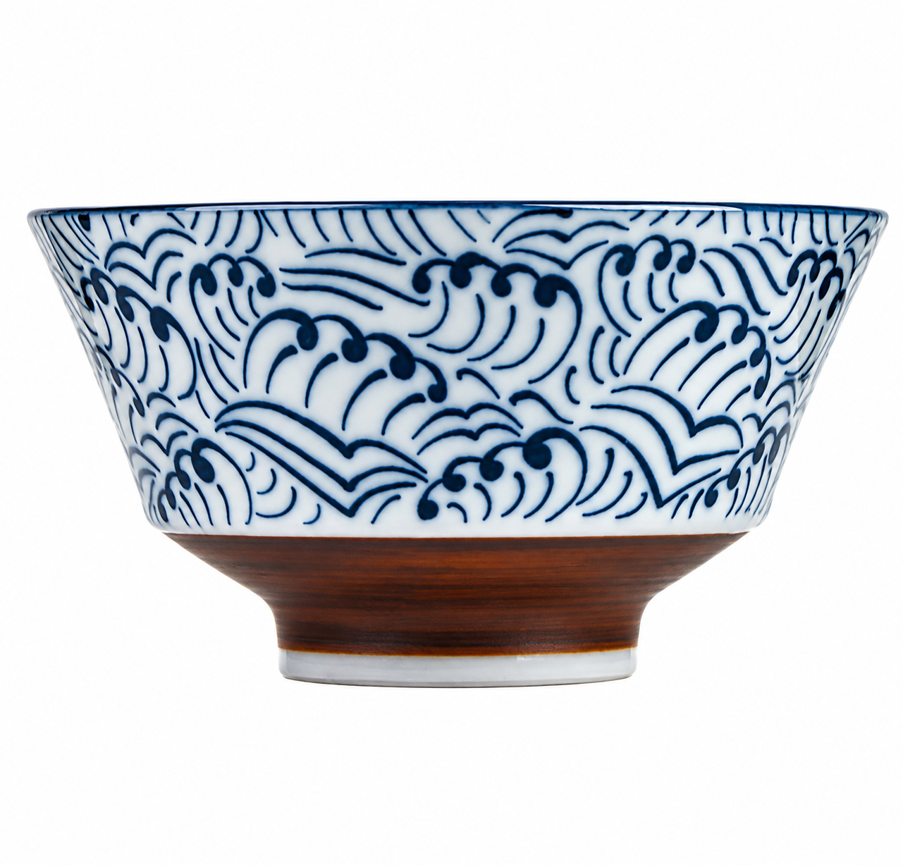 Hamon Blue Wave Japanese Rice Bowl – side view showing intricate navy blue wave pattern on white porcelain with terracotta foot, made in Japan