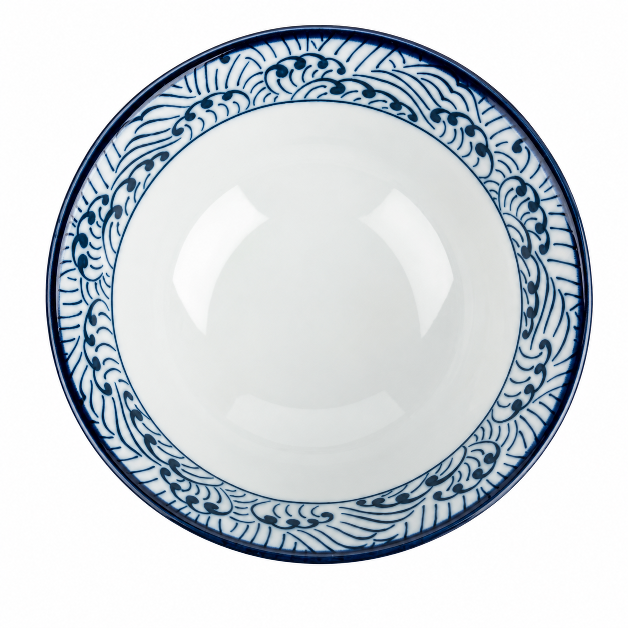 Hamon Blue Wave Japanese Rice Bowl – overhead view showing navy blue wave pattern rim and clean white interior, made in Japan