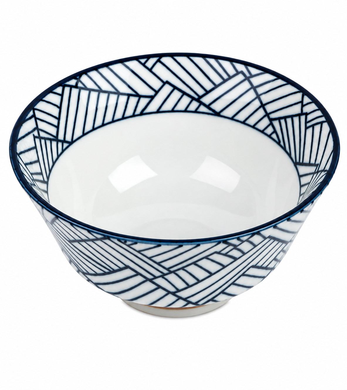 Ajiromon Geometric Japanese Rice Bowl – side view showing indigo blue and white woven lattice pattern with warm terracotta foot, made in Japan