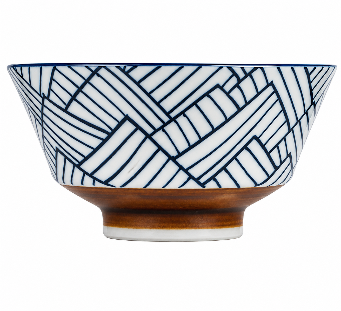 Ajiromon Geometric Japanese Rice Bowl – angled view showing clean white interior and indigo blue geometric lattice pattern, made in Japan