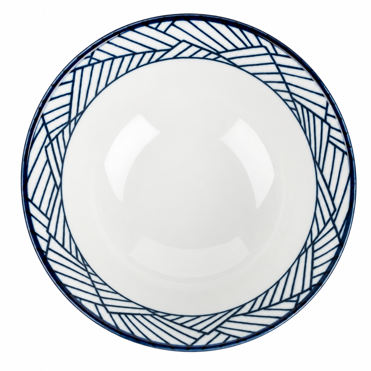 Ajiromon Geometric Japanese Rice Bowl – top-down view showing indigo blue geometric lattice border and clean white interior, made in Japan