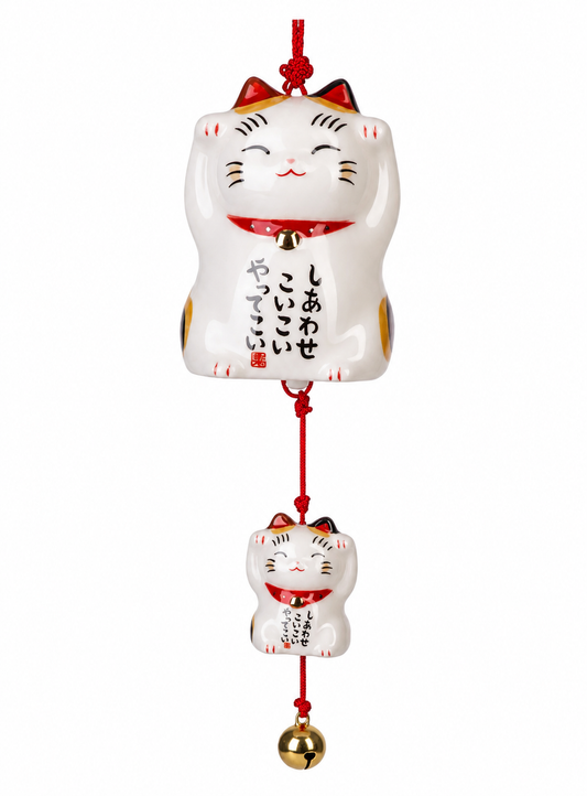 Lucky Cat Japanese Wind Chime – White Maneki Neko with Bamboo Scroll, Ceramic Hanging Ornament, Made in Japan