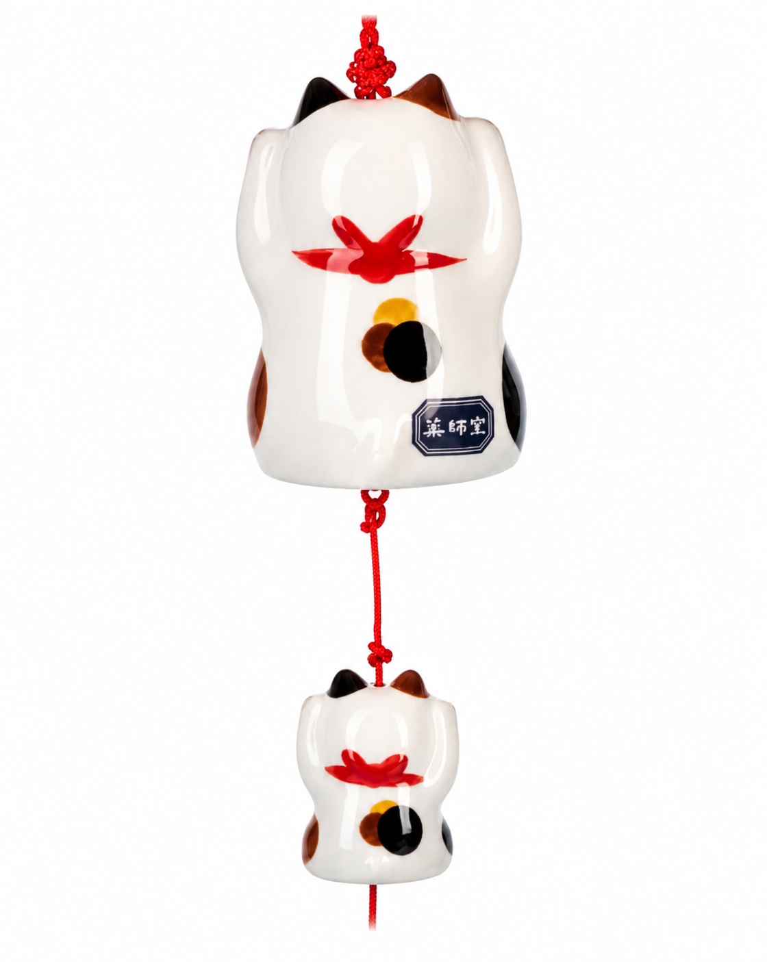 Calico Maneki Neko Japanese Wind Chime – Ceramic Lucky Cat Hanging Ornament with Red Bow, Made in Japan
