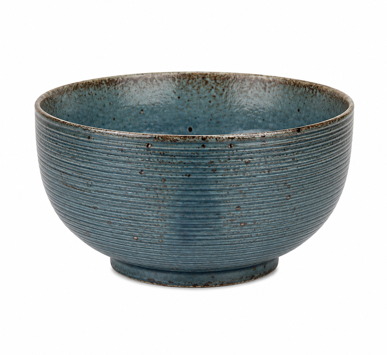 Blue Wabi Sabi Japanese ceramic bowl with ribbed texture and earthy blue glaze, made in Japan