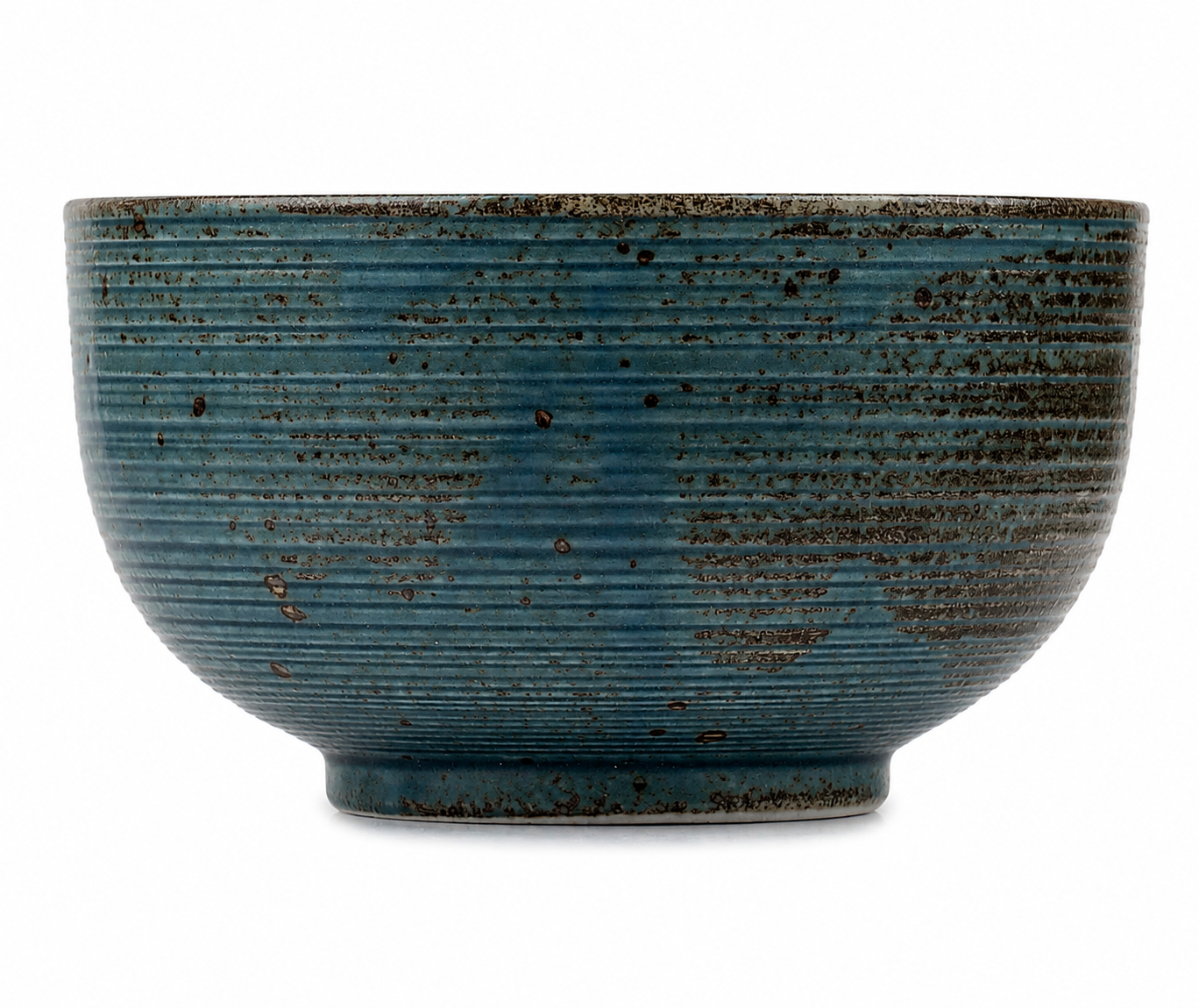 Blue Wabi Sabi ceramic Japanese bowl side profile showing ribbed exterior and rustic glaze finish