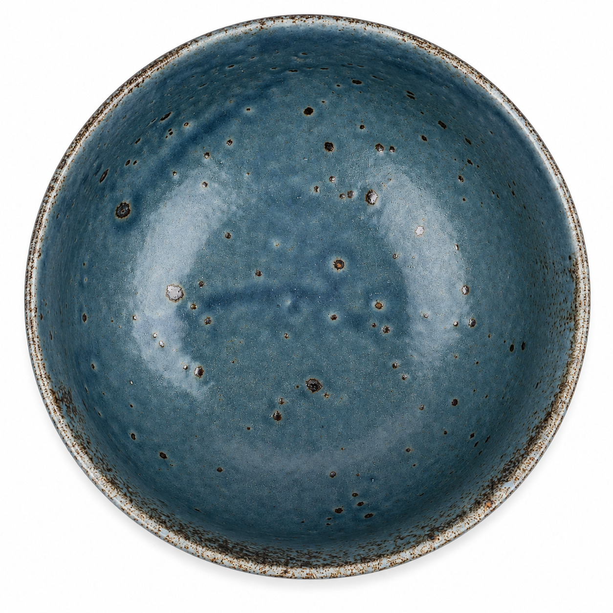 Top view of Blue Wabi Sabi Japanese ceramic bowl with deep blue speckled glaze interior, made in Japan