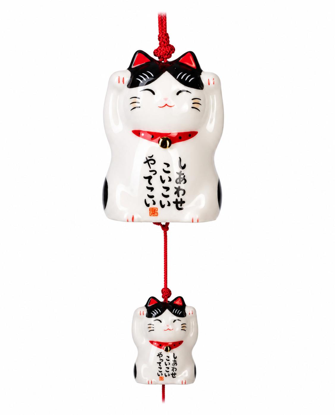 Happy Tabby Lucky Cat Japanese Wind Chime – two ceramic Maneki Neko cats on red cord with kanji for happiness, made in Japan