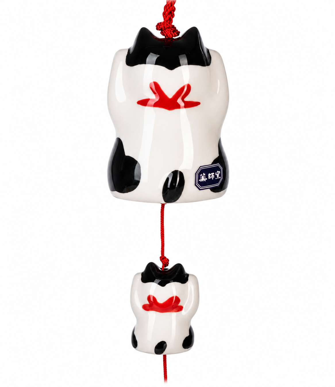 Happy Tabby Lucky Cat Japanese Wind Chime – ceramic black and white tabby cat fūrin with Yakushiji temple stamp, made in Japan