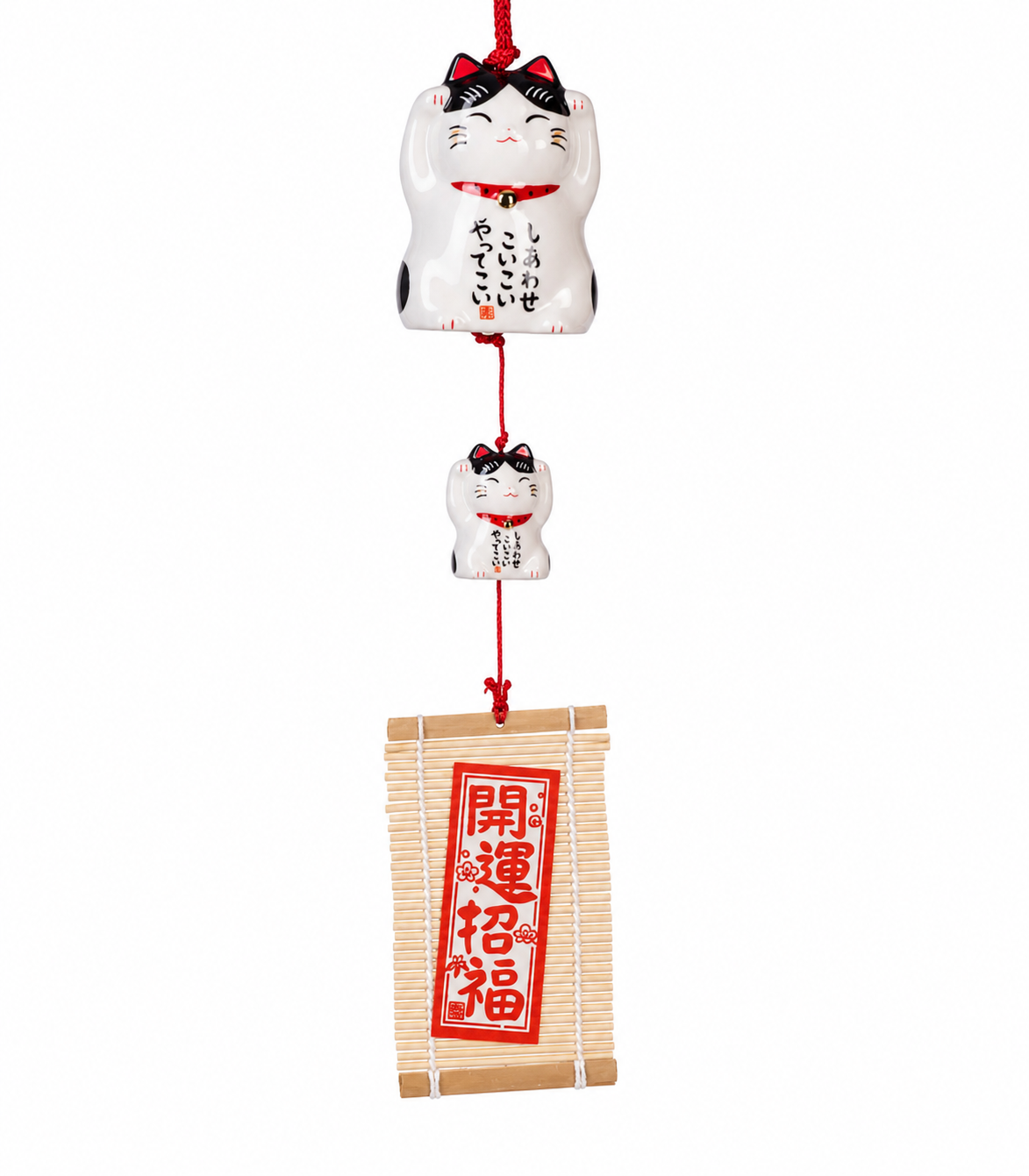 Happy Tabby Lucky Cat Japanese Wind Chime – ceramic Maneki Neko with bamboo scroll reading Kaiun Shōfuku, open luck and invite fortune, made in Japan
