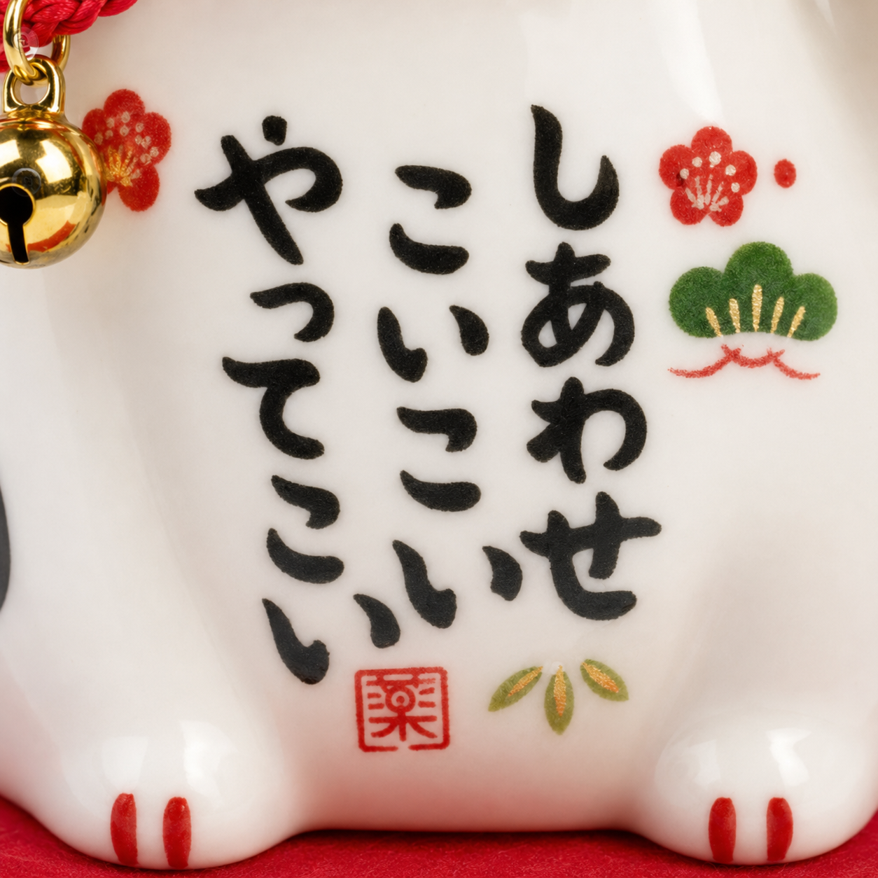 Close-up of Maneki Neko lucky cat body showing hand-painted Japanese kanji 'しあわせ こいこい やってこい' meaning 'Happiness, come come, come on over', with red plum blossom and pine motifs