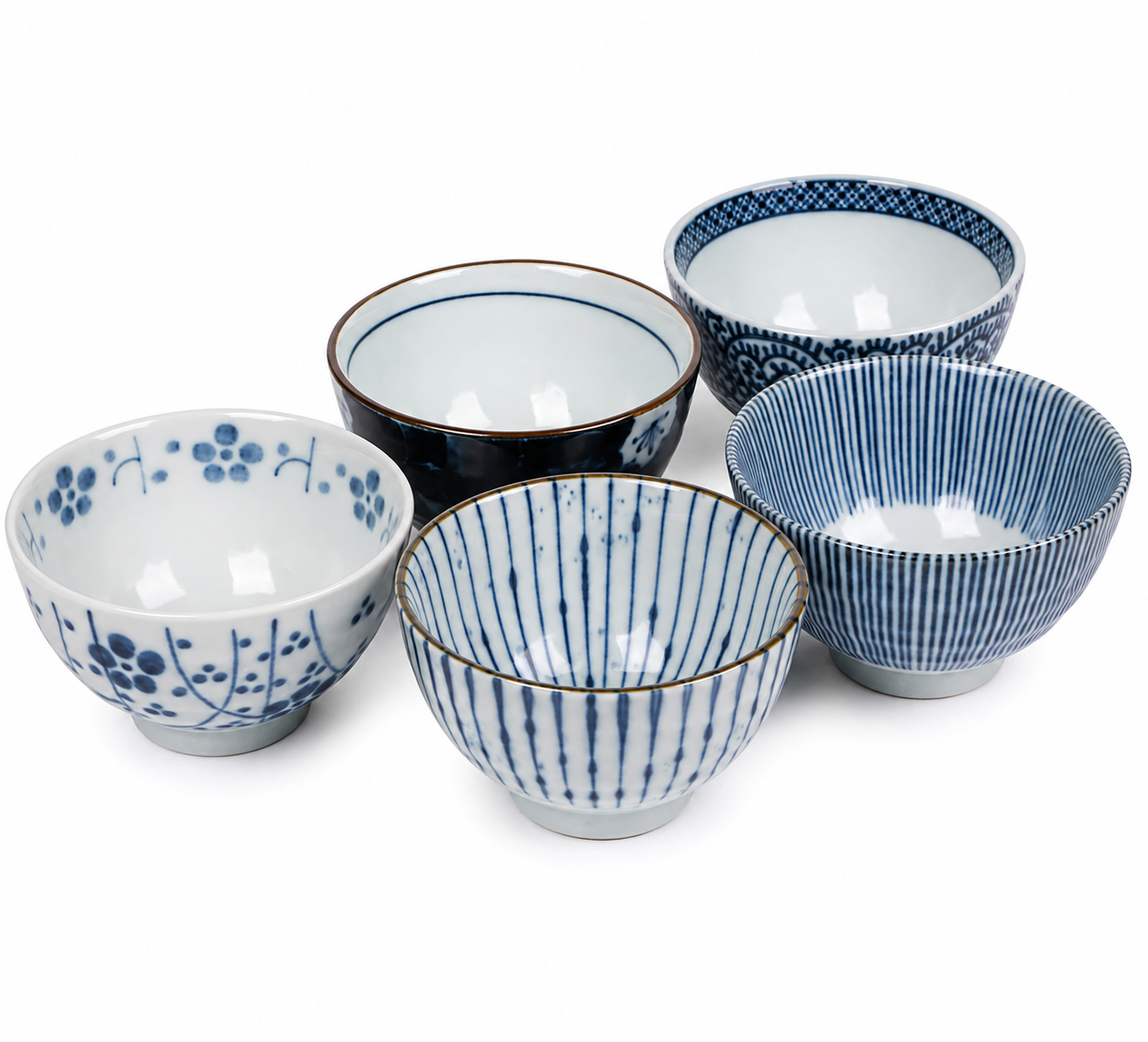 Five Japanese Aizome rice bowls in indigo blue and white, stacked in a black gift box with individual shelves