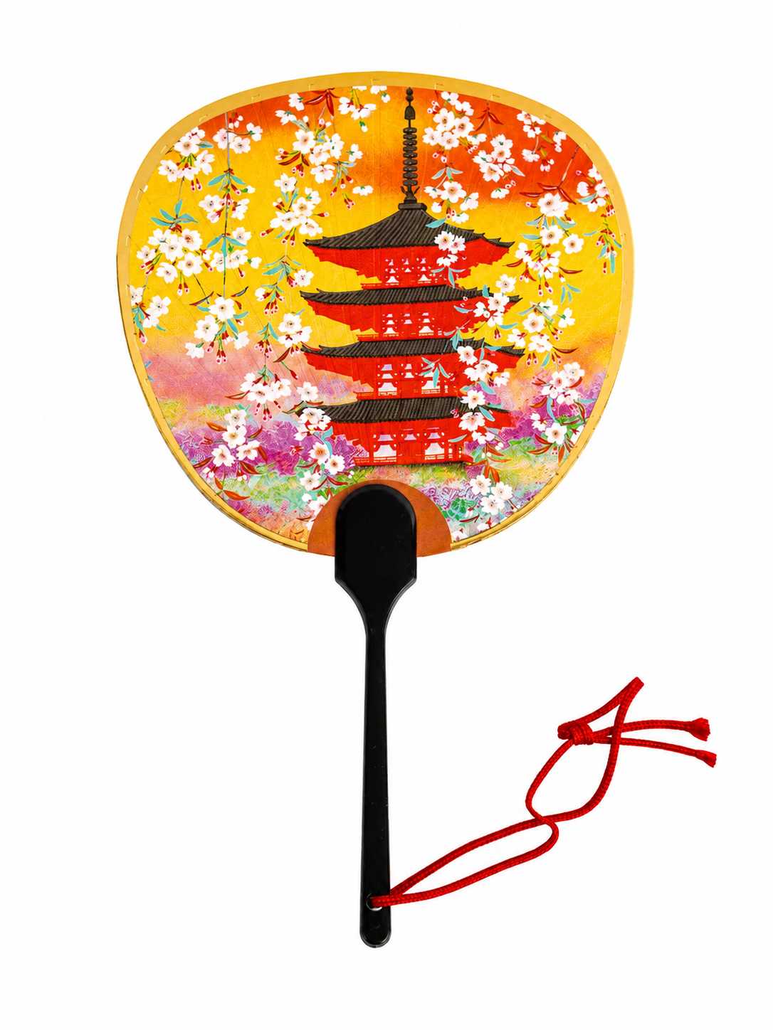  Fan front view — pagoda, cherry blossoms, gold/orange background, red cord