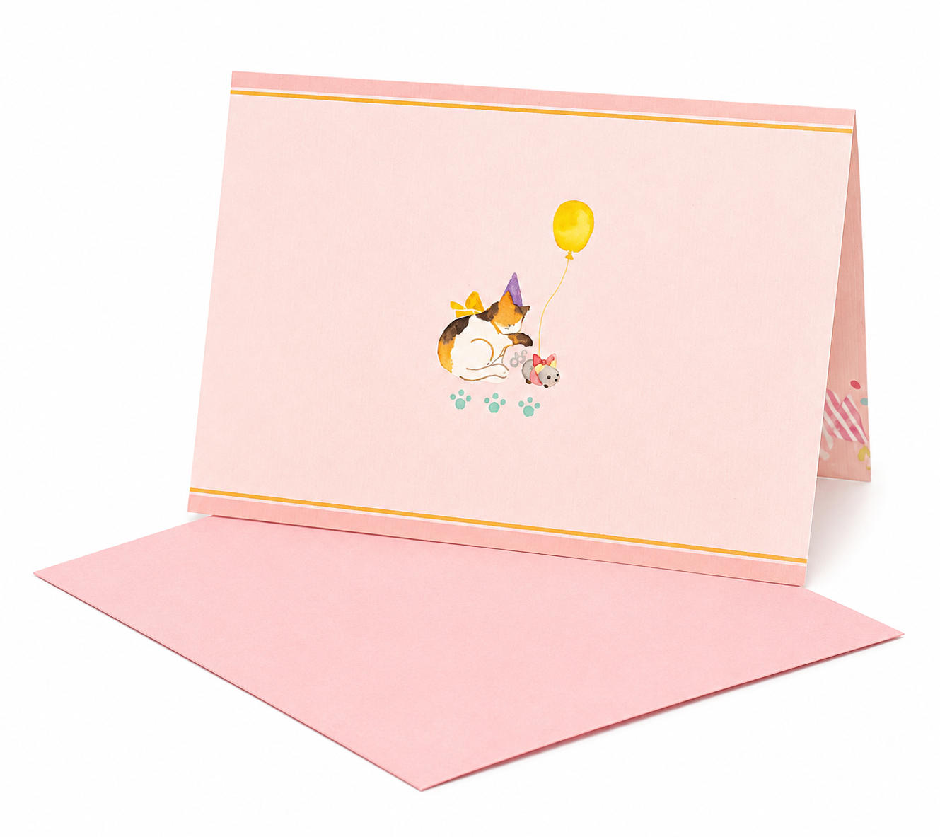 "Front of Lucky Cats Japanese birthday card showing three cats in party hats with colourful gift boxes and bunting, with gold Japanese script 今日はたいせつな日！meaning today is your special day, pink card with gold foil border"