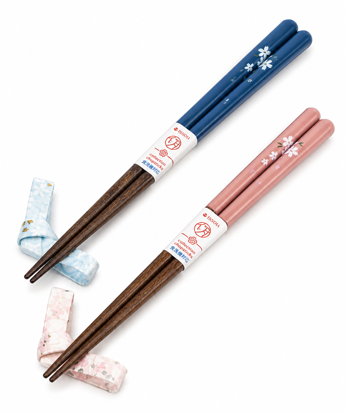 Japanese sakura chopstick gift set — navy blue and blush pink lacquer chopsticks with cherry blossom motif and ceramic chopstick rests, made in Japan