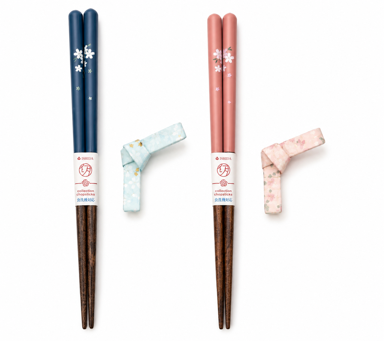 Authentic Japanese cherry blossom chopsticks pair — navy blue and pink lacquer with sakura detail and ceramic knot chopstick rests, ISHIDA collection, made in Japan