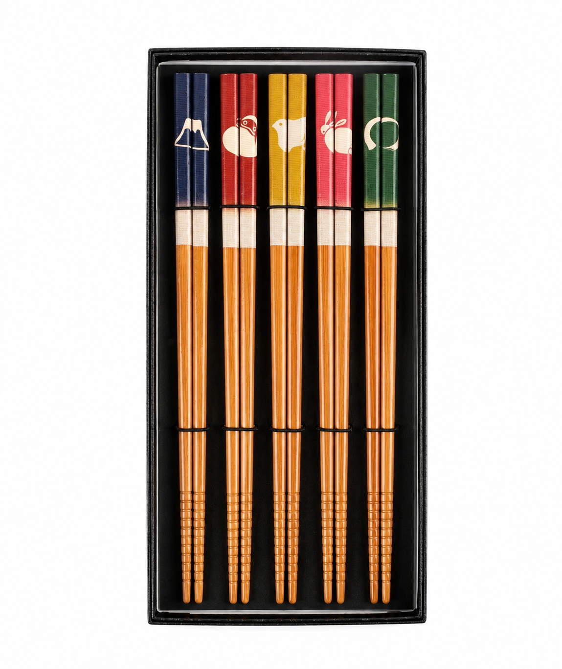 Happiness Japanese Chopstick Gift Set UK – 5 pairs of bamboo chopsticks in navy, red, gold, pink and green with Japanese motifs, presented in a black gift box