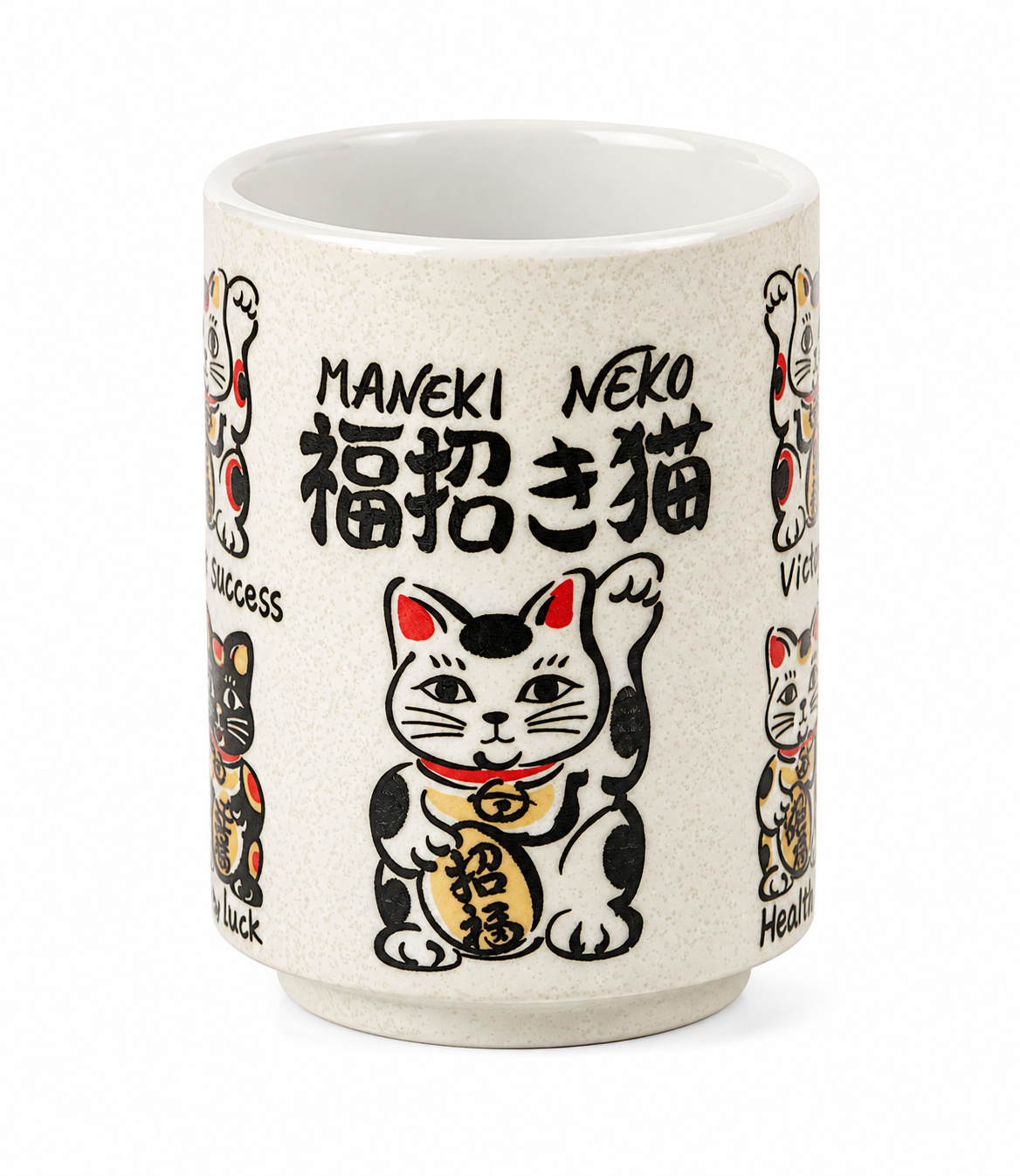 Maneki Neko Lucky Cat Japanese Tea Cup – front view showing 招き猫 kanji and beckoning cat design, made in Japan
