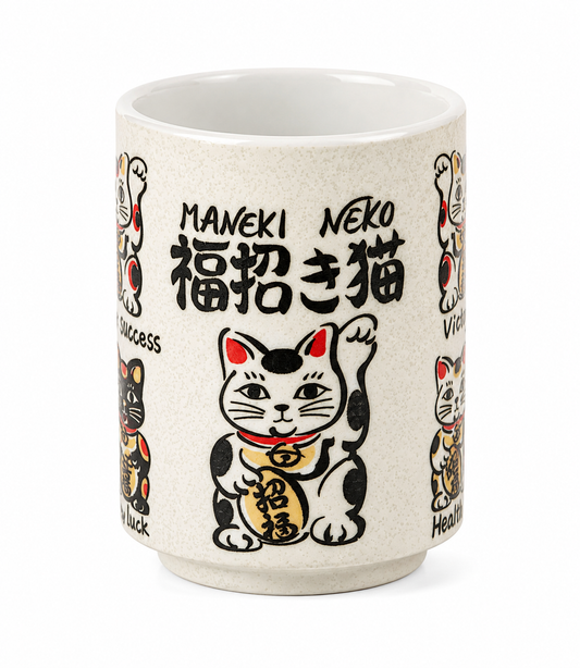 Maneki Neko Lucky Cat Japanese Tea Cup – front view showing 招き猫 kanji and beckoning cat design, made in Japan
