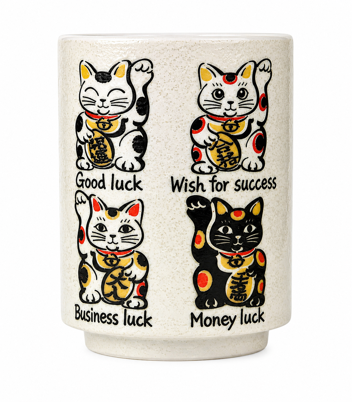 Maneki Neko Japanese Tea Cup showing four lucky cat designs – Good Luck, Wish for Success, Business Luck, Money Luck – porcelain, made in Japan