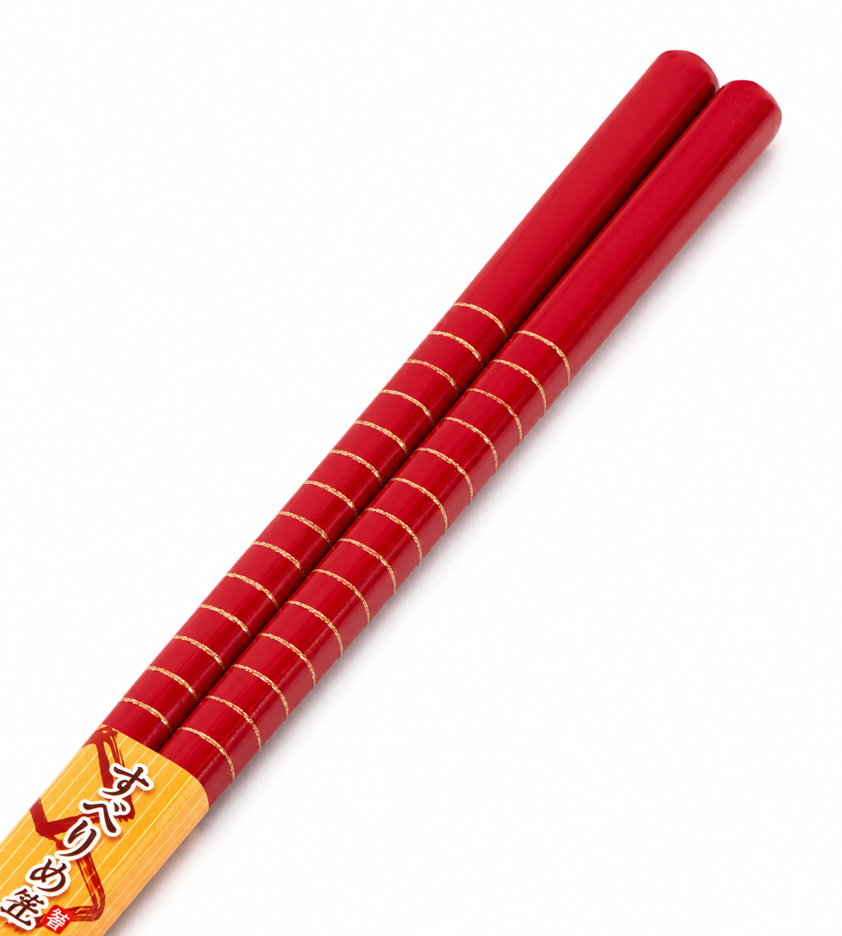 Close-up of red and gold striped handle on Japanese saibashi cooking chopsticks, made in Japan