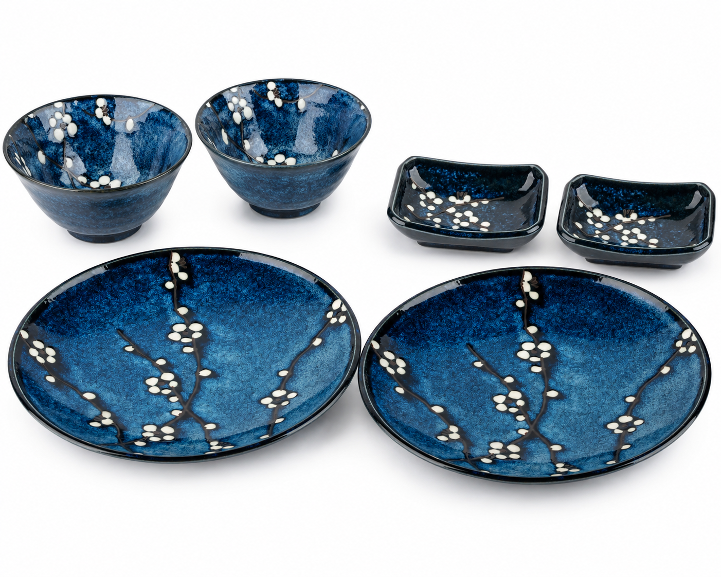 Blue Hana Cherry Blossom Japanese Dinner Set for two — 2 bowls, 2 dinner plates and 2 dipping dishes in deep indigo blue with white blossom branches, made in Japan