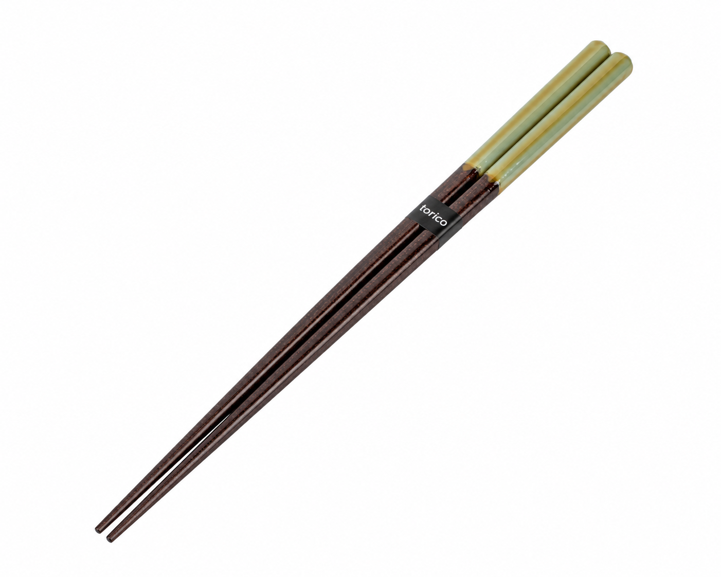 "Japanese chopsticks by Torico — dark lacquered body with sage green bamboo-style handle, set of two, on white background"