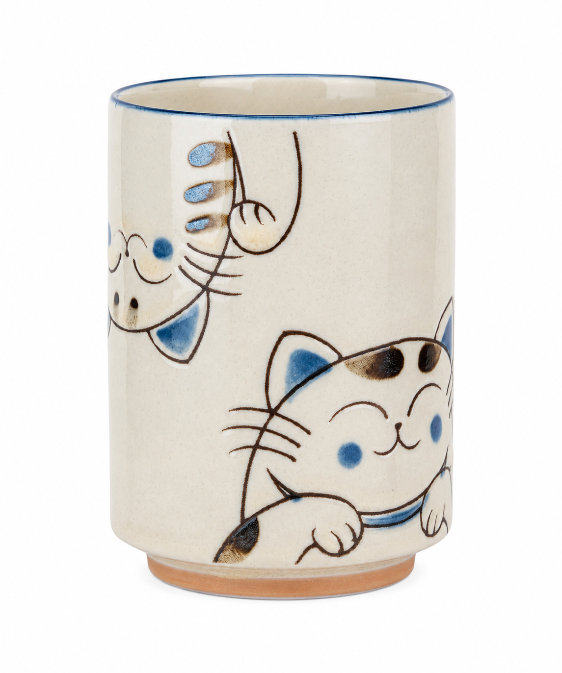hree Blue Cats Japanese Tea Cup made in Japan – side view showing two playful lucky cats in blue and white on cream ceramic handleless teacup