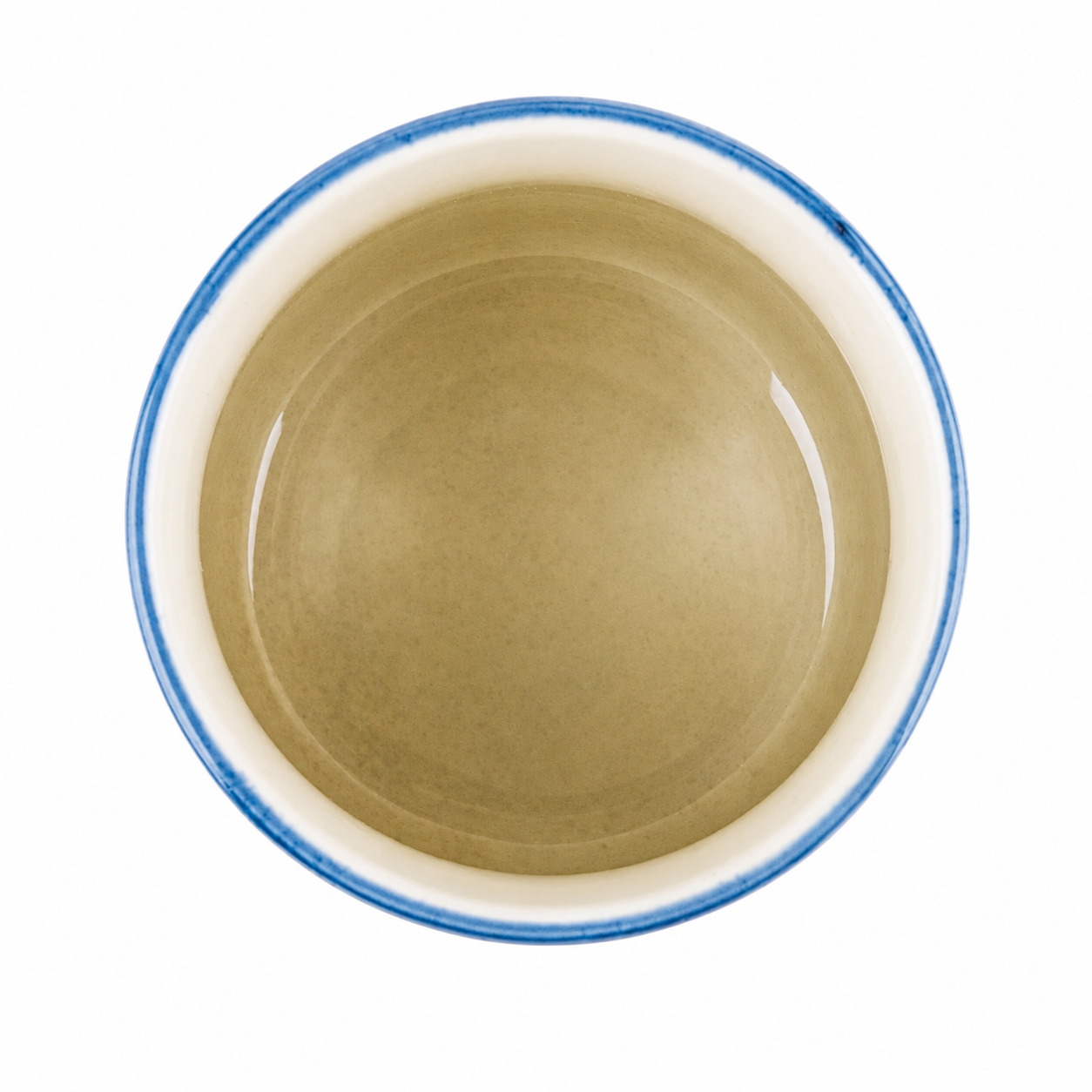 Three Blue Cats Japanese Tea Cup made in Japan – front view showing round tabby Maneki-neko cat with blue collar and bell on cream ceramic with blue rim