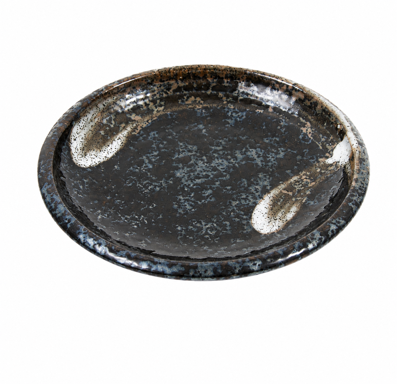 Karasuba-Iro Small Japanese Ceramic Plate top view showing glossy black and grey speckled glaze with white sweep detailing, made in Japan"