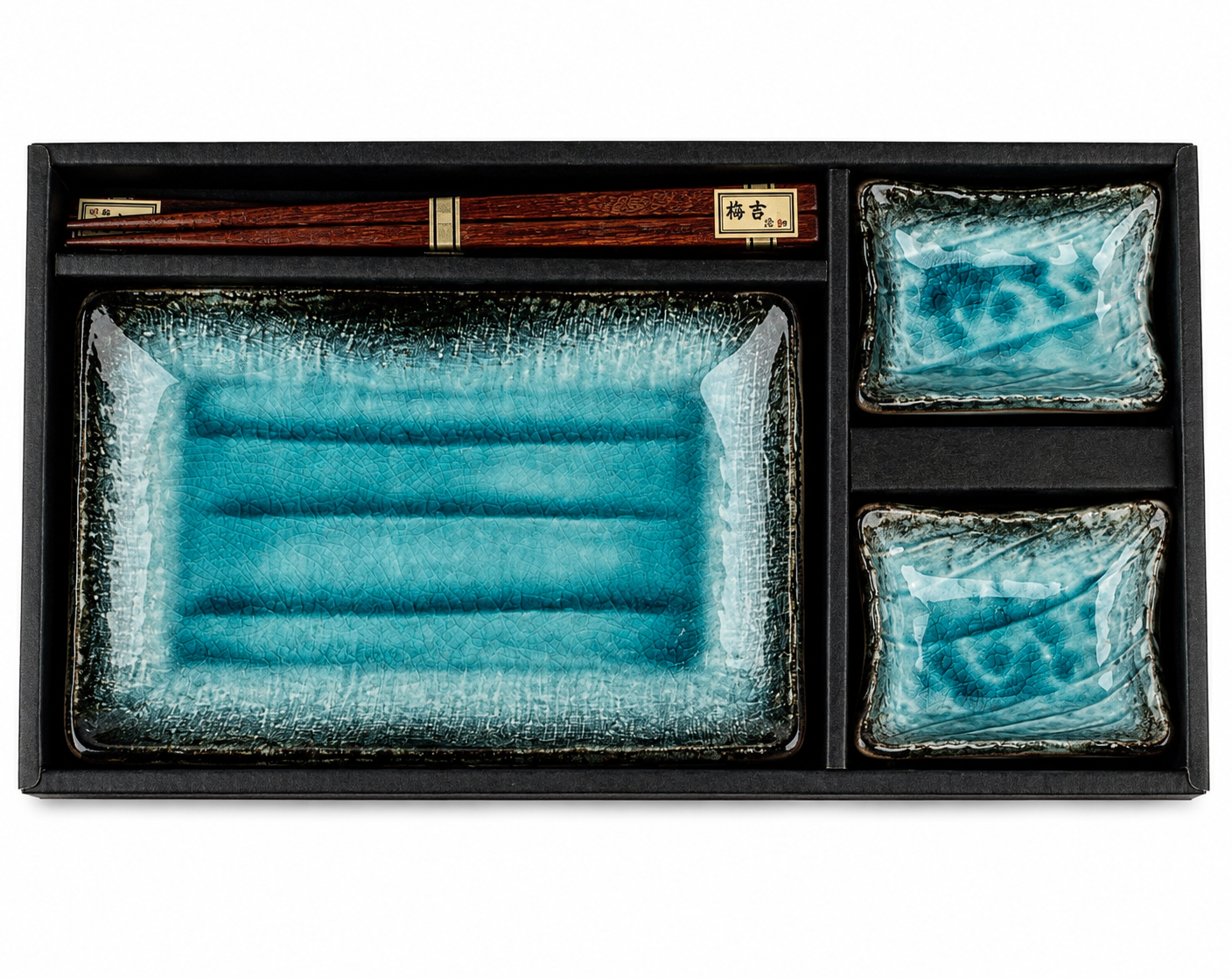 Sea Blue Crackleglaze Japanese Sushi Gift Set for Two displayed inside open Edo Japan gift box with plates, sauce dishes and chopsticks