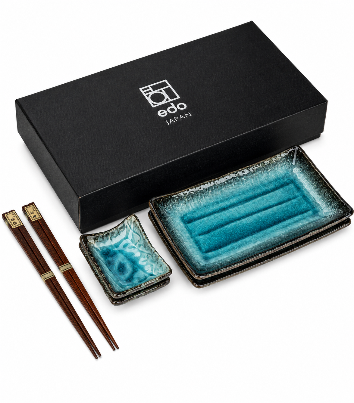 Sea Blue Crackleglaze Japanese Sushi Gift Set presented in Edo Japan black gift box with sushi plate, sauce dish and chopsticks