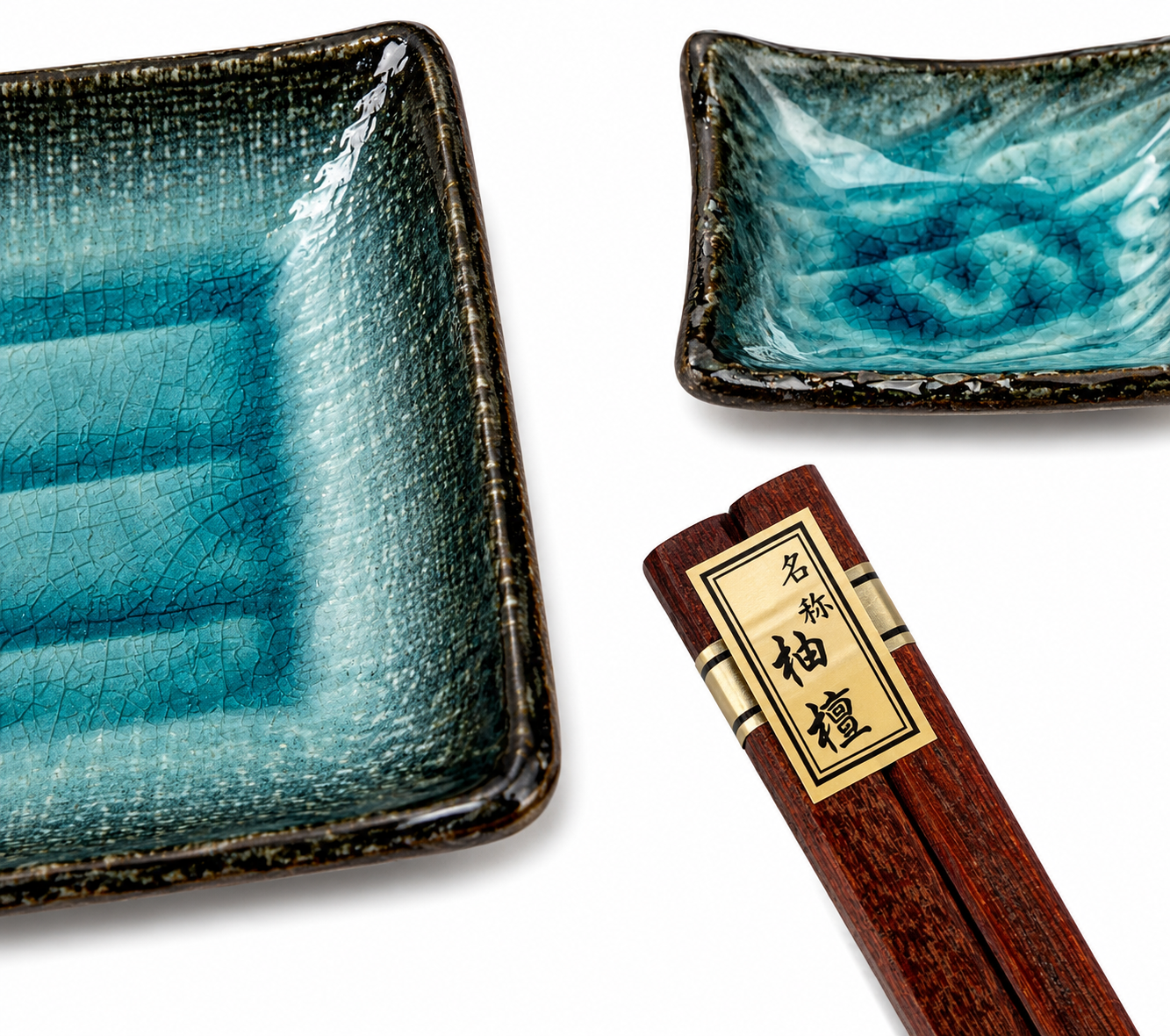 Sea blue crackleglaze Japanese sushi plate with matching sauce dish and yuzu sandalwood chopsticks, made in Japan