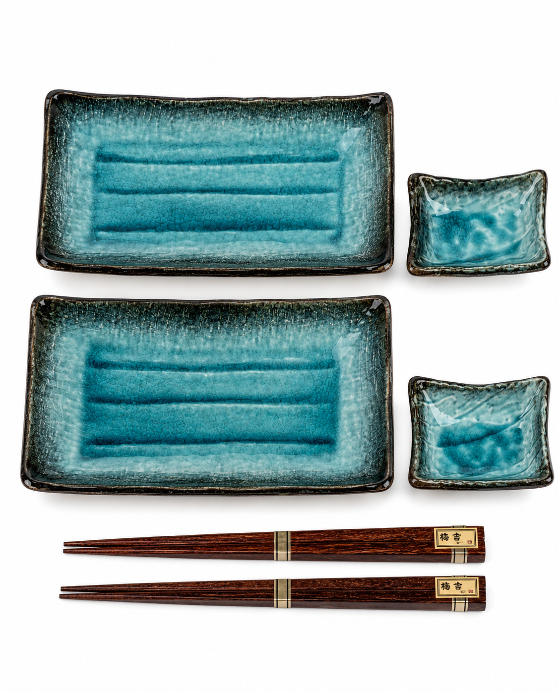 Sea Blue Crackleglaze Japanese Sushi Gift Set for Two with rectangular sushi plates, sauce dishes and wooden chopsticks, made in Japan