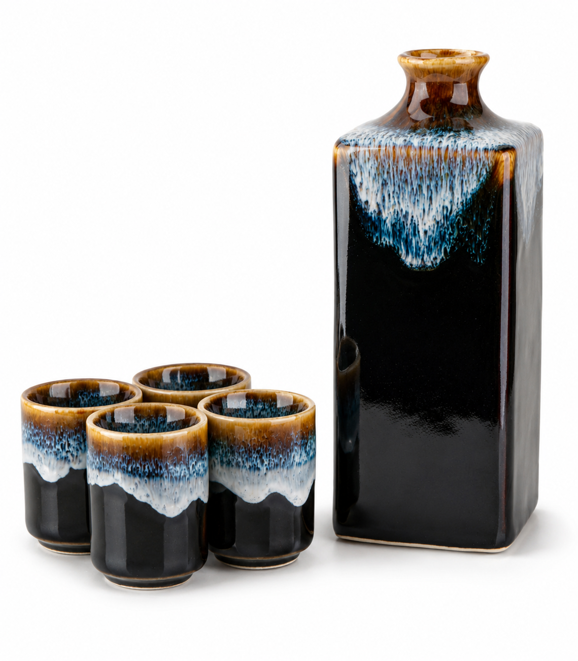 Yoru Japanese Sake Gift Set – black ceramic rectangular sake jug and four cups with amber, blue and white drip glaze, made in Japan