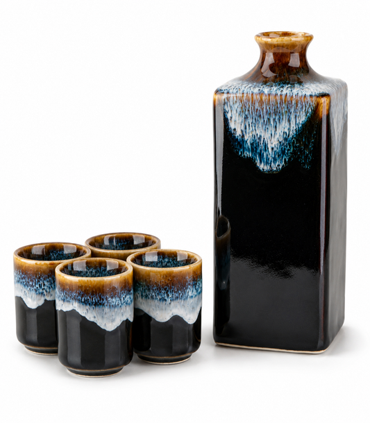 Yoru Japanese Sake Gift Set – black ceramic rectangular sake jug and four cups with amber, blue and white drip glaze, made in Japan