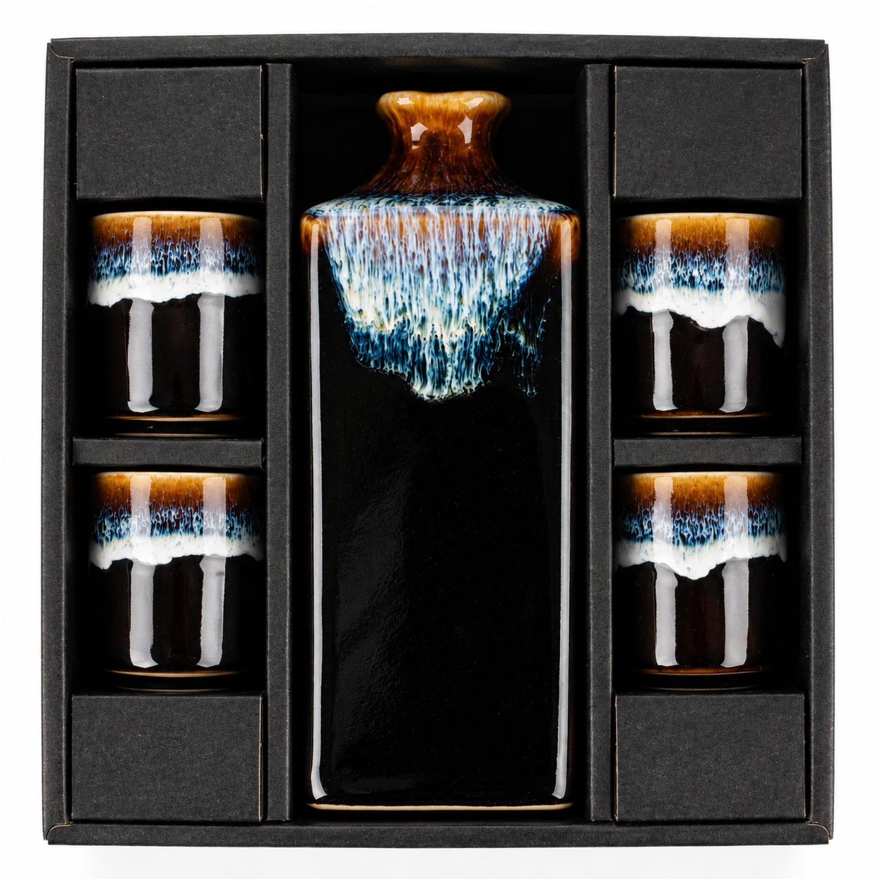Yoru Japanese Sake Gift Set presented in black Edo Japan gift box – rectangular sake jug and four cups with night-sky glaze, top view