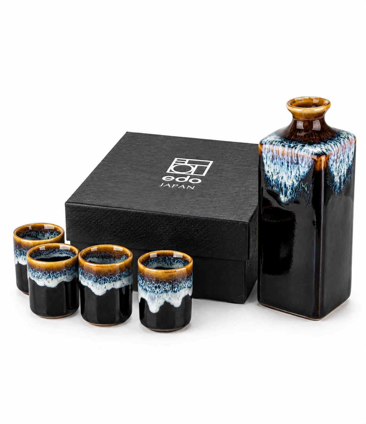 Yoru Japanese Sake Gift Set – black ceramic sake jug and four cups with amber and blue glaze, presented alongside black Edo Japan gift box