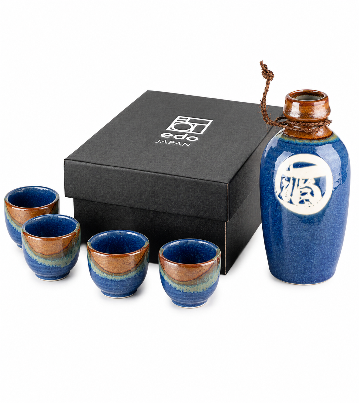 Kamakura Premium Japanese Sake Set – indigo blue ceramic sake jug and four cups with rope neck detail, presented alongside black Edo Japan gift box