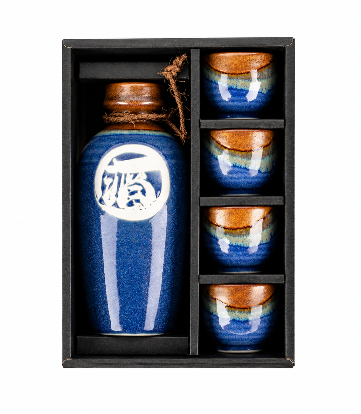 Kamakura Premium Japanese Sake Set presented in black Edo Japan gift box – indigo blue ceramic sake jug and four cups, top view