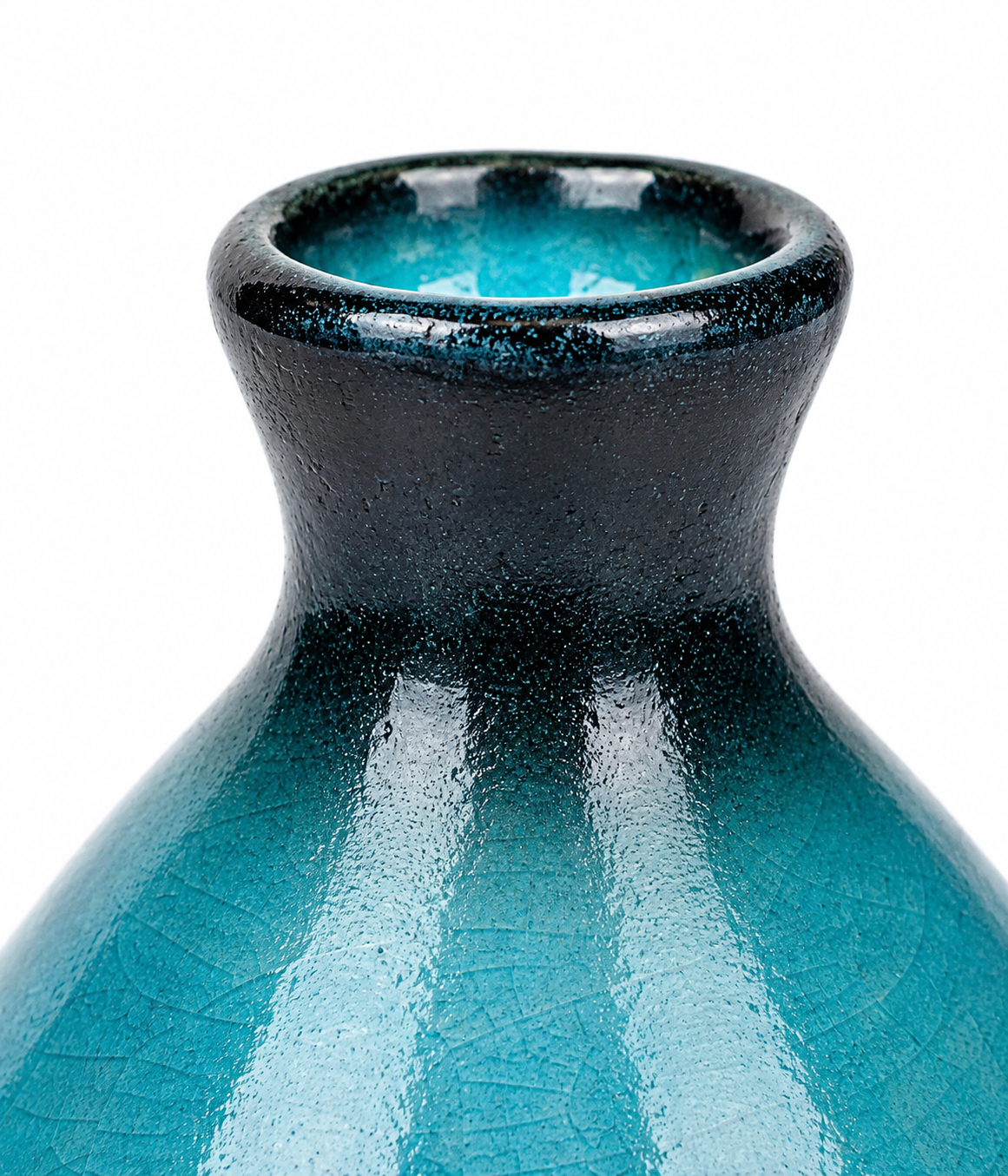 Close-up of Sea Blue Crackle Glaze sake jug neck showing black and teal crackle glaze detail on ceramic tokkuri, made in Japan