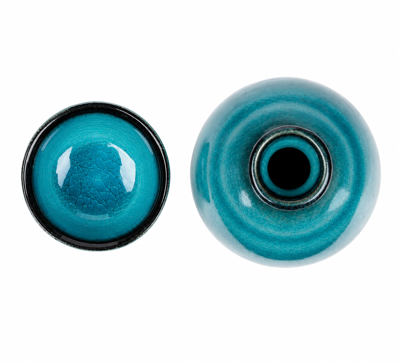 Top-down view of Sea Blue Crackle Glaze Japanese sake cup and jug showing teal crackle glaze interior with black rim detail, made in Japan
