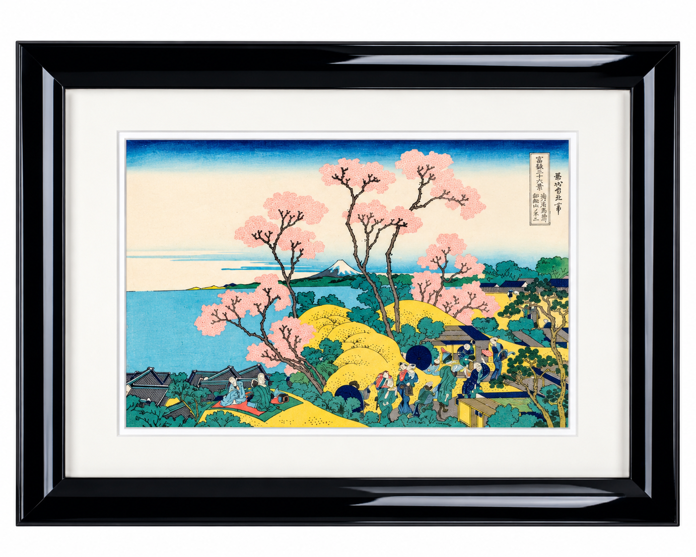 Framed Mount Fuji from Shinagawa Woodblock Print by Hokusai in black wooden frame — Japanese woodblock print UK