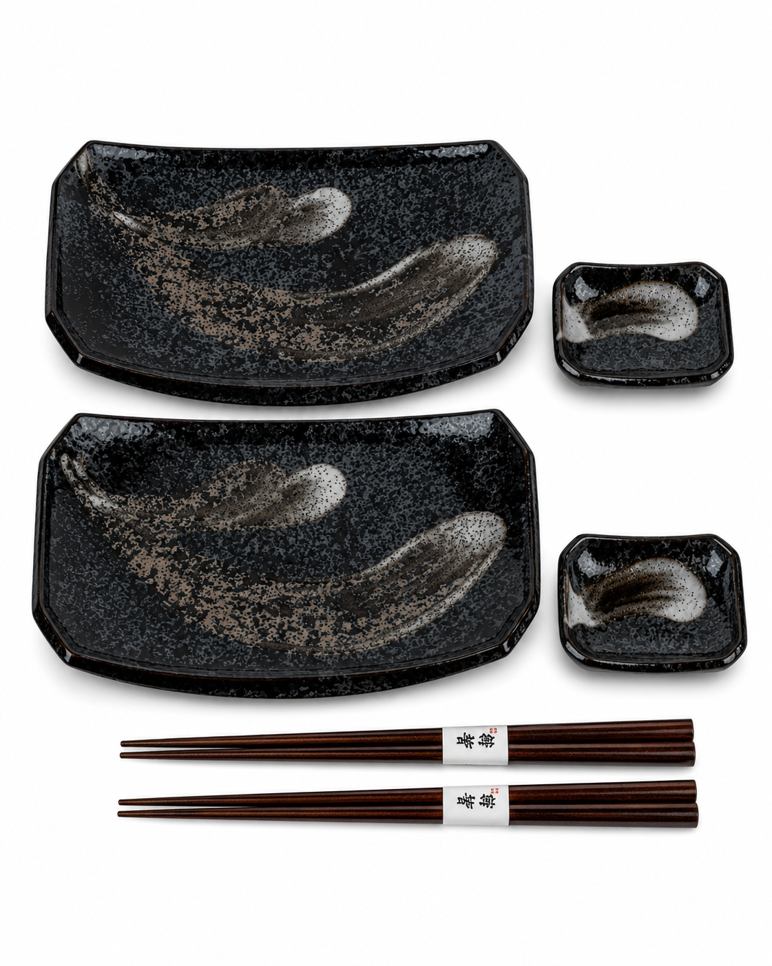 Akeyo Japanese Sushi Gift Set in black gift box — 2 plates, 2 dishes, 2 chopsticks — Made in Japan"