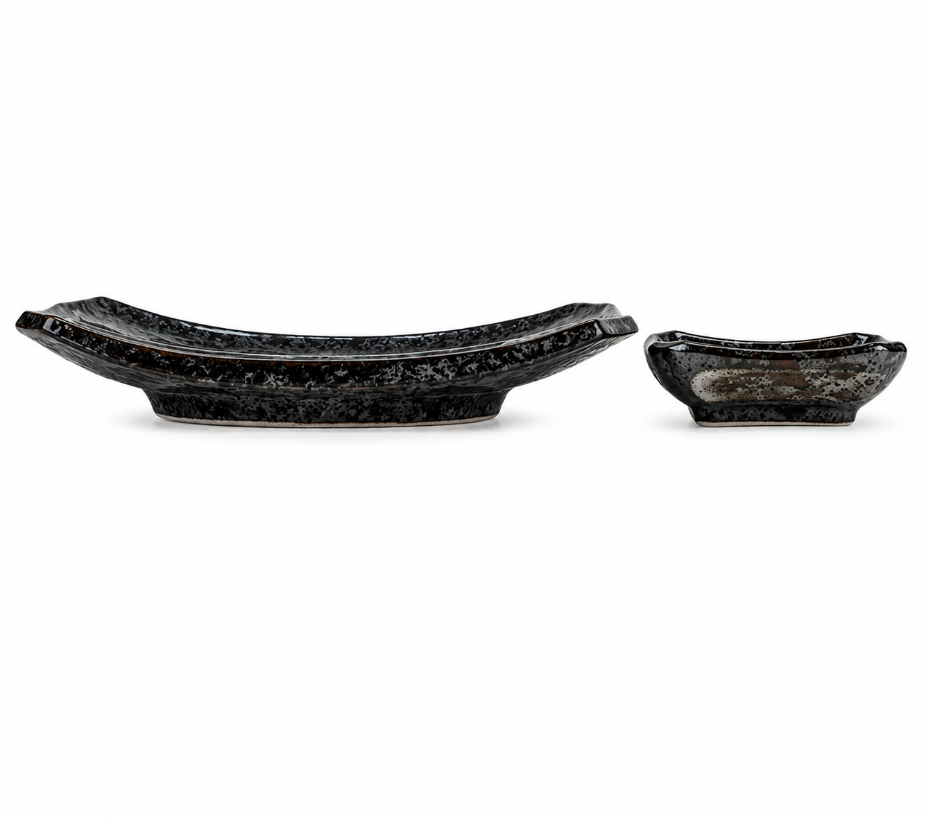 Akeyo Japanese ceramic dipping dish — black speckled glaze — part of sushi gift set — Made in Japan"