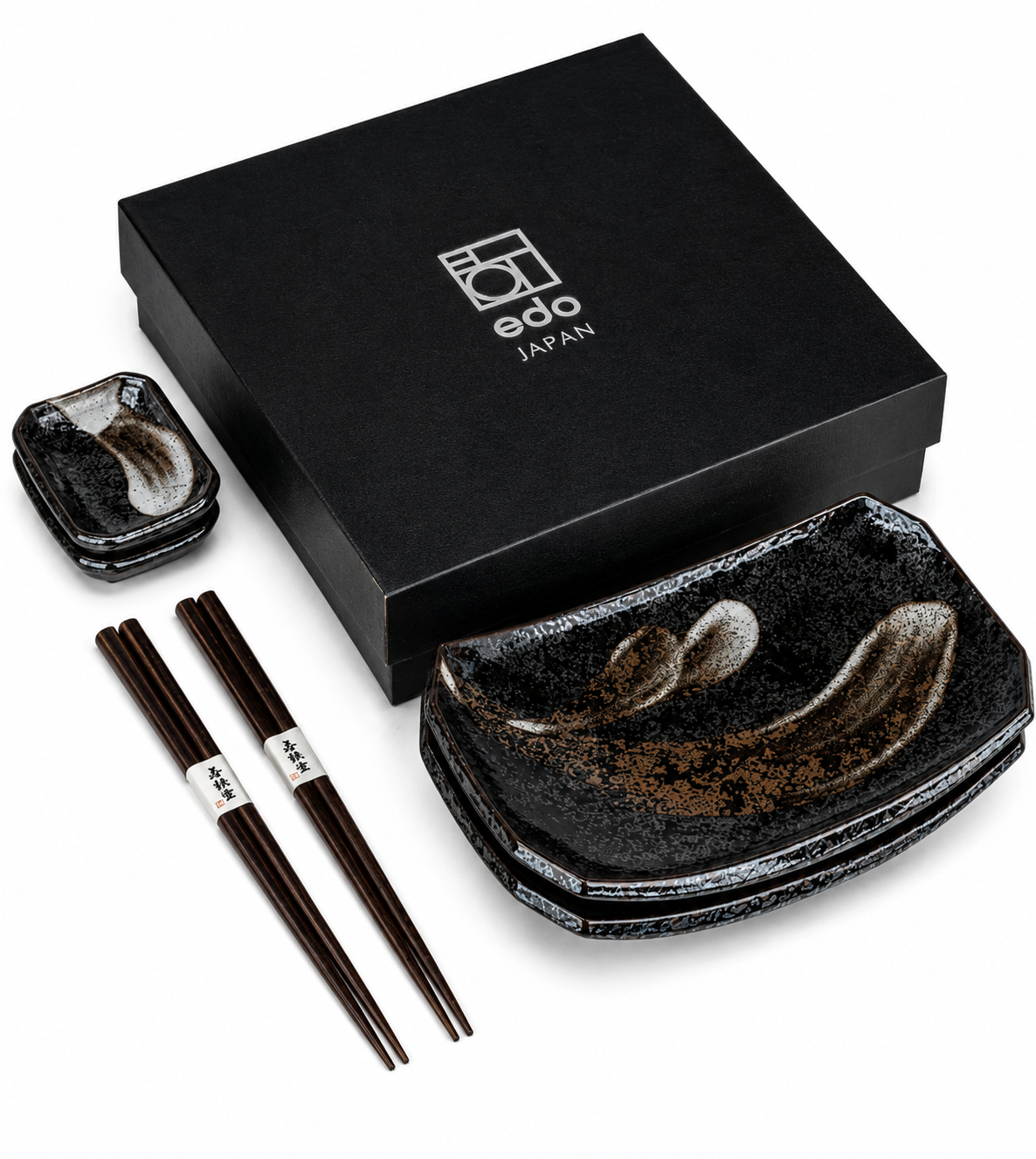 Akeyo Japanese ceramic dipping dish — black speckled glaze — part of sushi gift set — Made in Japan"