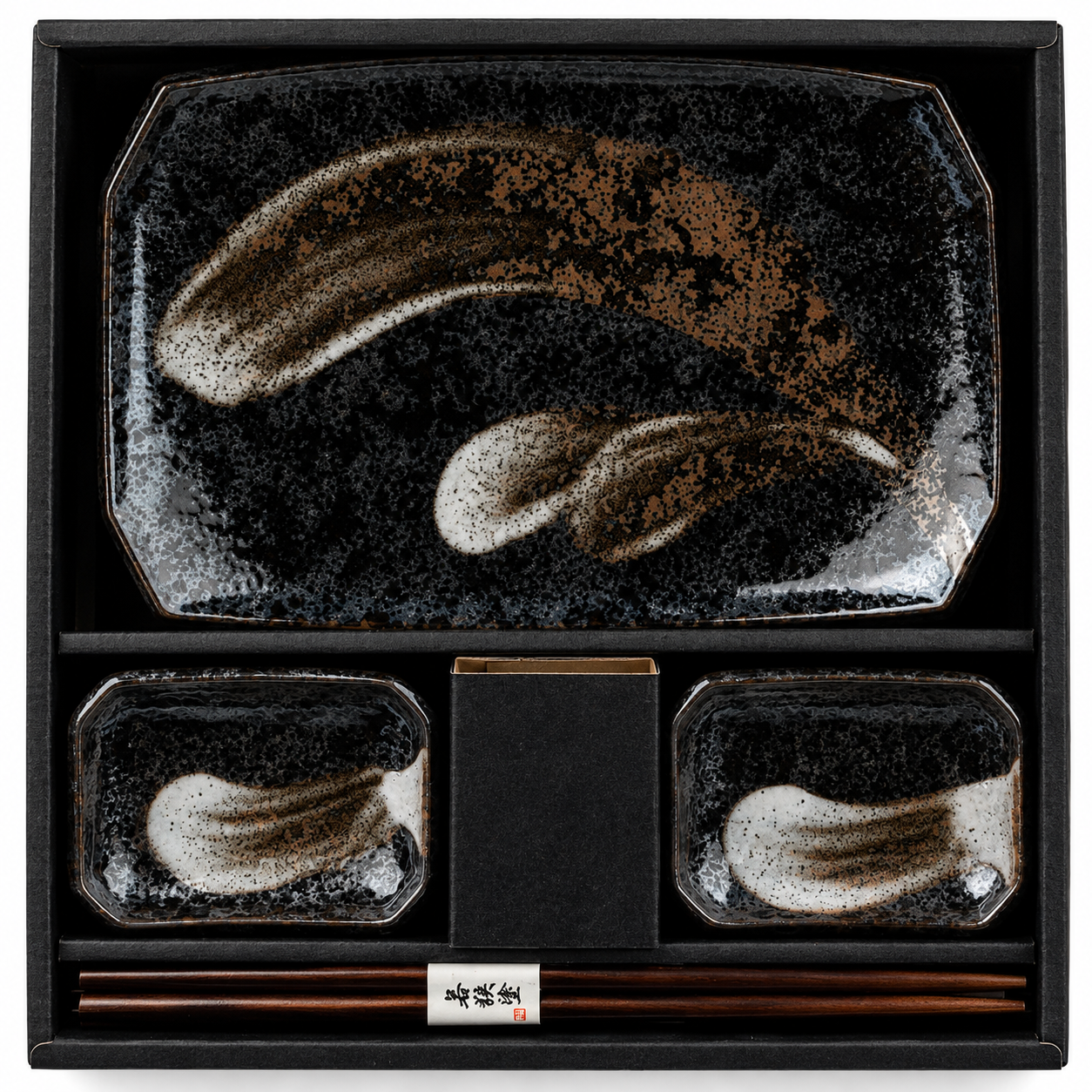 Akeyo Japanese Sushi Gift Set for two — ceramic plates, dipping dishes and wooden chopsticks — Made in Japan"