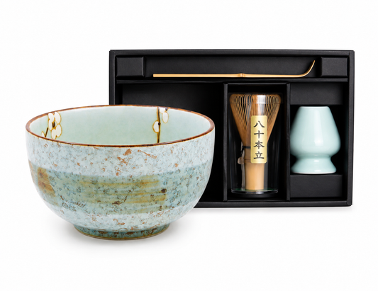 Green Soshun Japanese Matcha Bowl Gift Set in black presentation box with bamboo whisk, scoop and whisk holder — Made in Japan | Tokyo Gallery