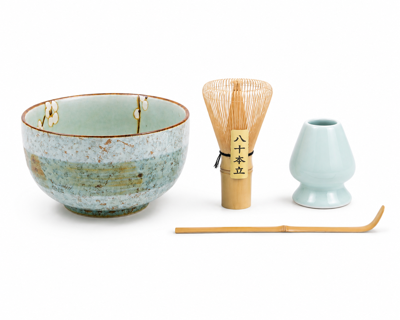 Green Soshun Japanese Matcha Bowl Gift Set components — porcelain bowl, 80-prong bamboo whisk, tea scoop and whisk holder — Made in Japan | Tokyo Gallery