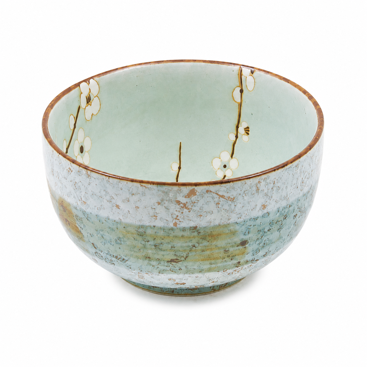 Green Soshun Japanese Matcha Bowl close-up — celadon porcelain with white blossom and gold detail inside — Made in Japan | Tokyo Gallery